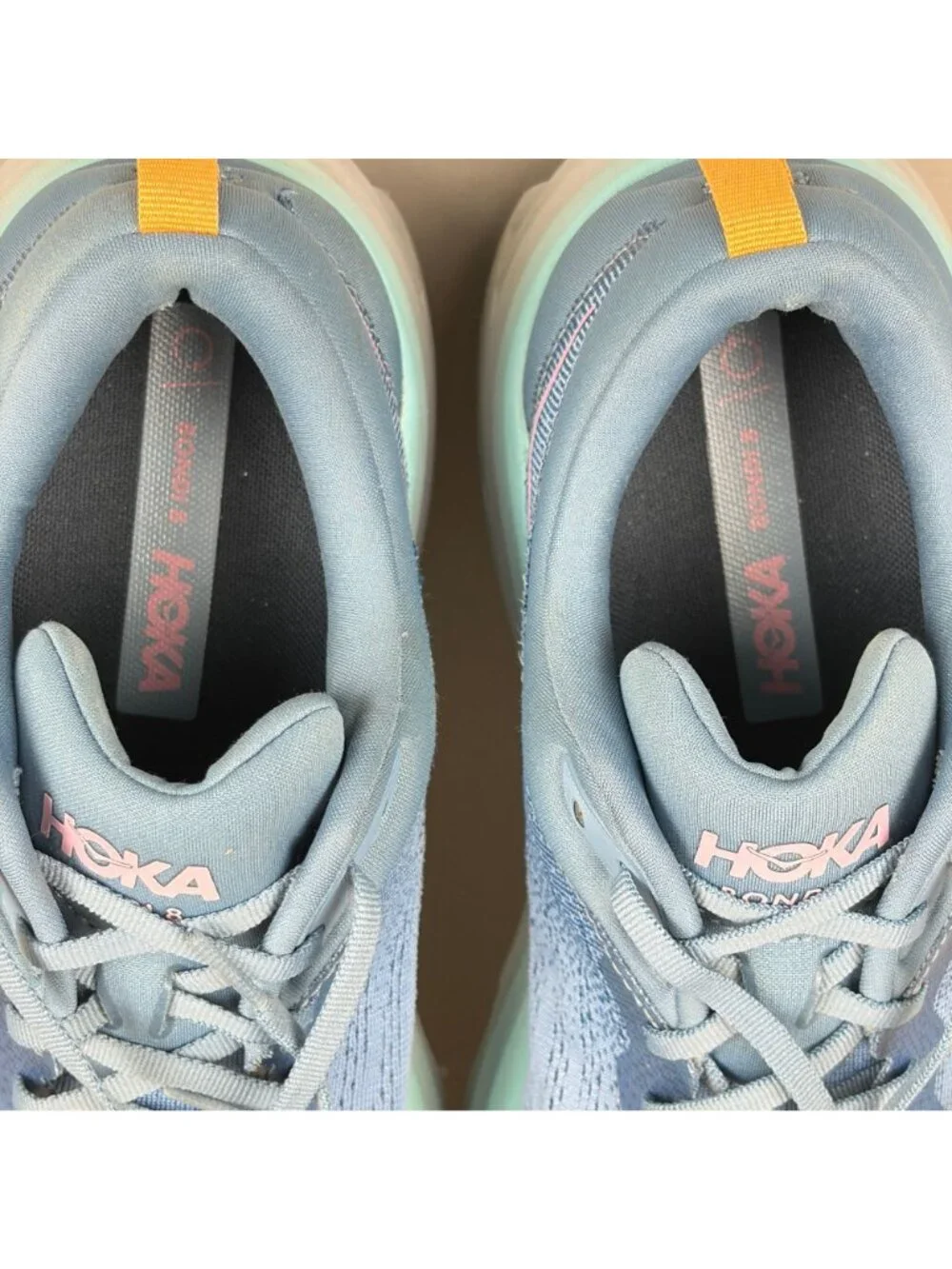 Hoka Bondi 8 Athletic Running Shoes Womens 11 Blue Pink Breathable Low Top